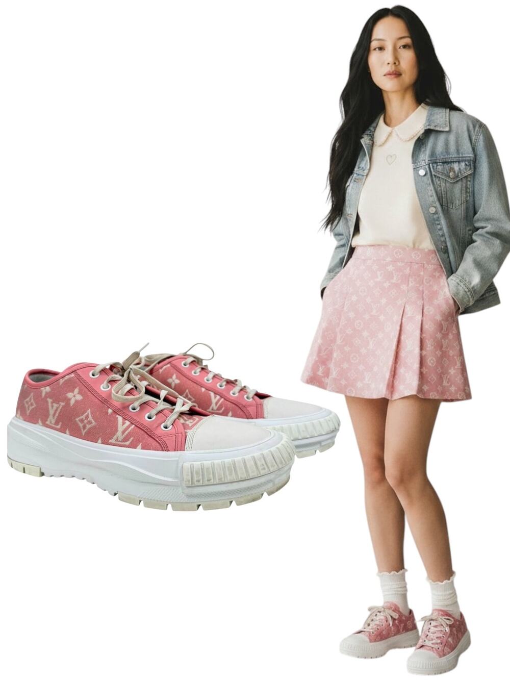 Louis Vuitton Monogram Pink Cotton Denim Low Top Sneakers Size 42
